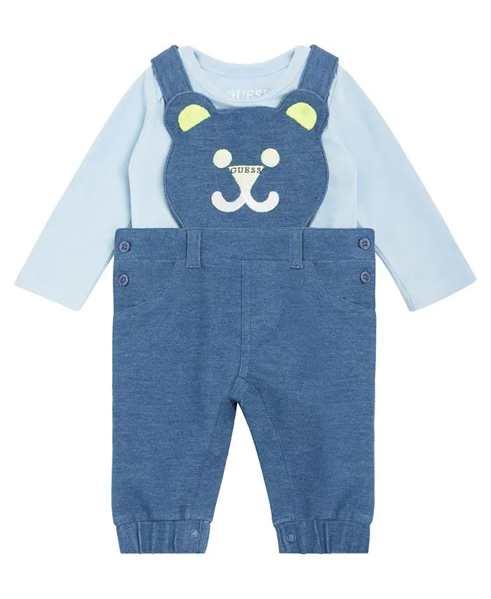 Baby Boys Bodysuit and Knitted Denim Overalls with Teddy Bear GUESS 2-piece set, blue