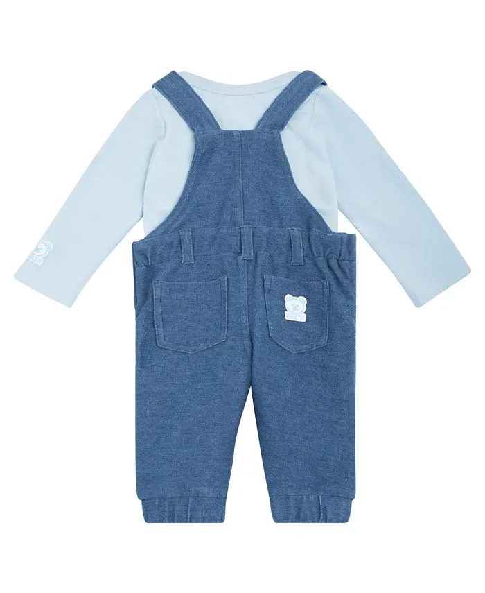Baby Boys Bodysuit and Knitted Denim Overalls with Teddy Bear GUESS 2-piece set, blue