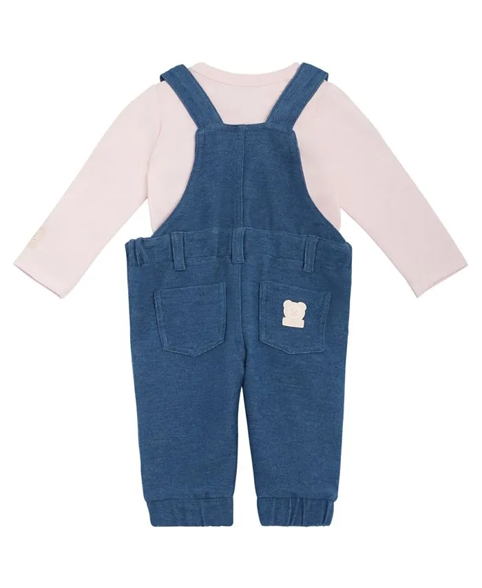 Baby Girls Bodysuit and Teddy Bear Knitted Denim Overalls GUESS 2-piece set, multicolor