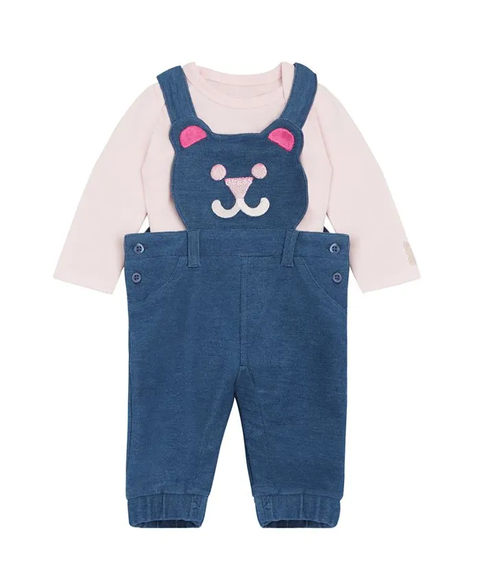 Baby Girls Bodysuit and Teddy Bear Knitted Denim Overalls GUESS 2-piece set, multicolor