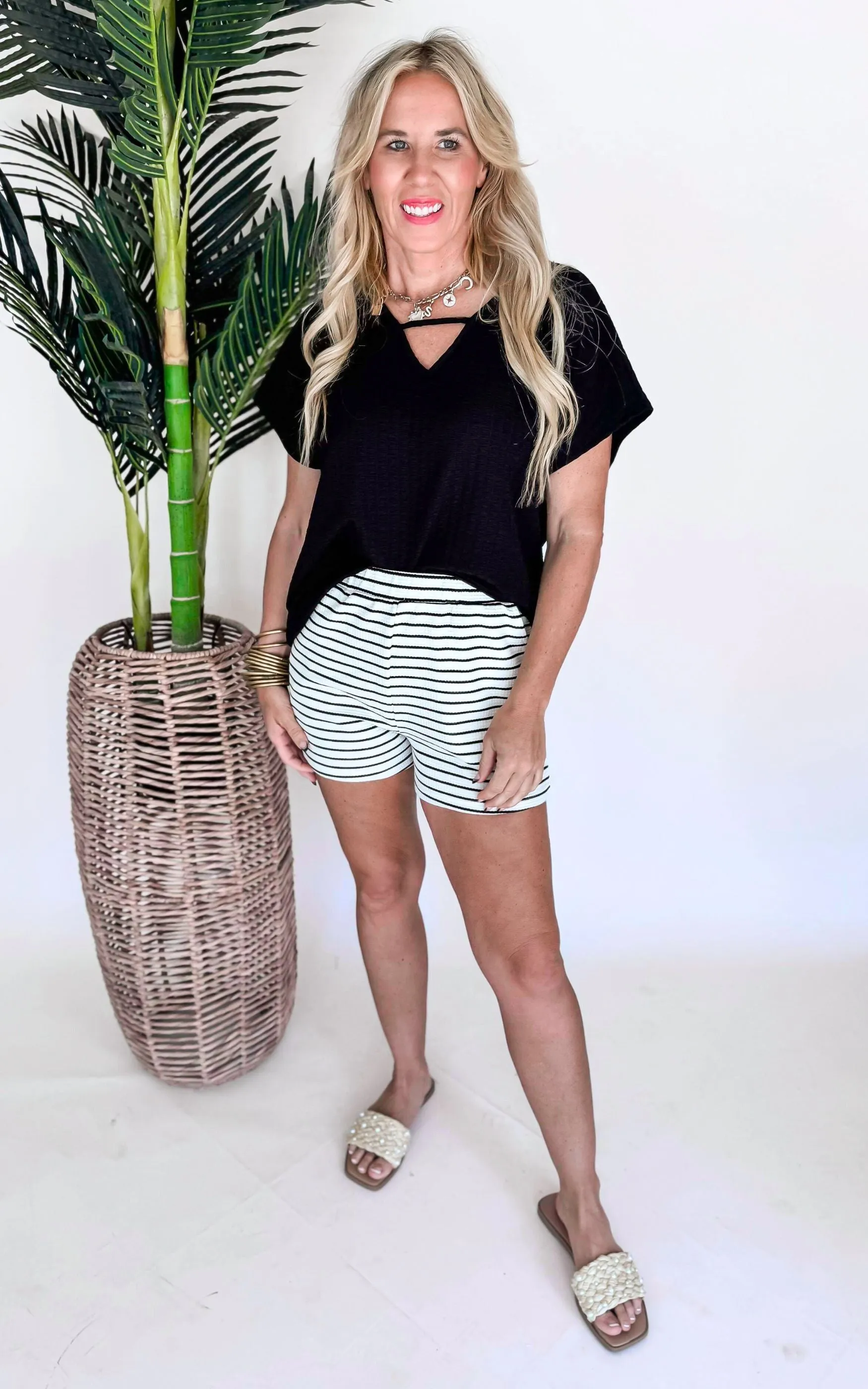 Cream Black Textured Striped Shorts
