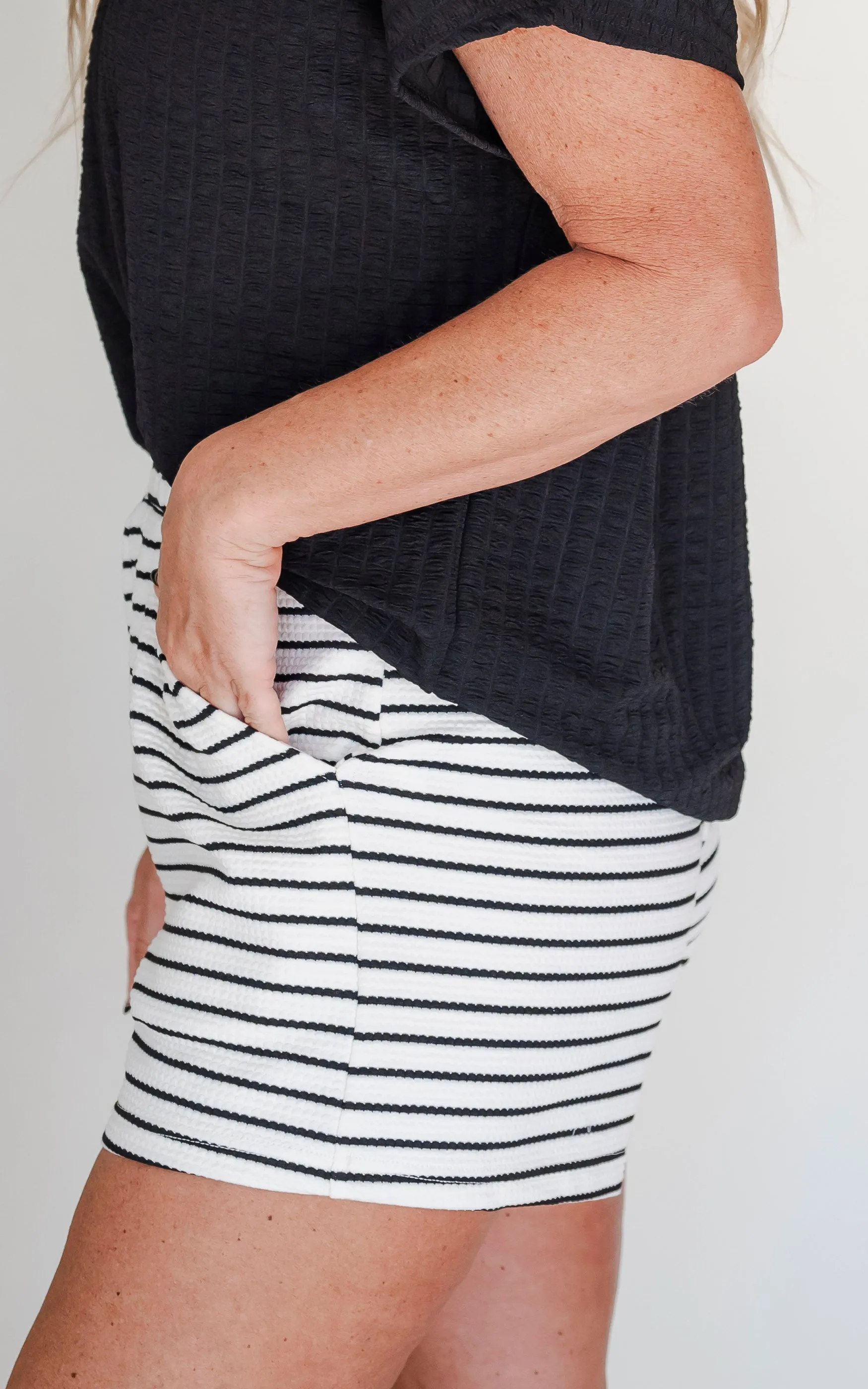 Cream Black Textured Striped Shorts