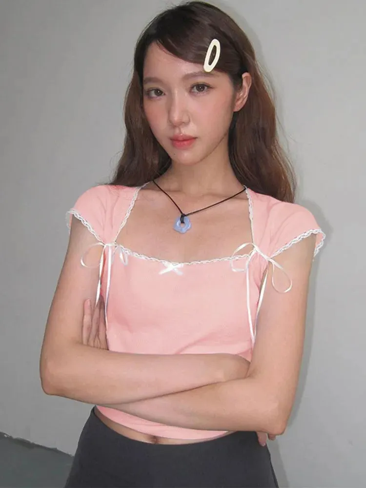 Crop Bandage New Casual Street Pink Lace Ladies Tank Lace-up Bodycon Lovely Top