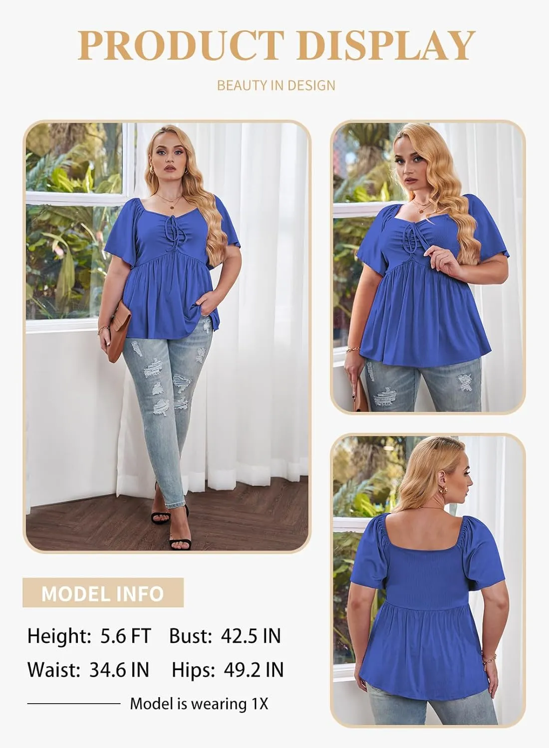 Eytino Women Plus Size Sweetheart Neck Short Sleeve Shirred Peplum Blouse Tops Shirts(1X-5X)