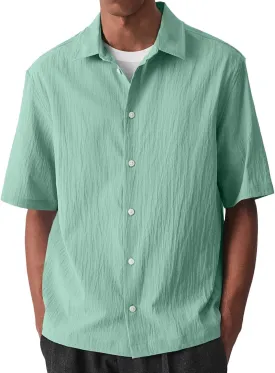 Fashion Button Down Solid Shirts for Men Casual Collared Textured Lightweight Cotton T-Shirt Summer Work Travel Tops