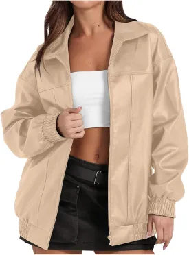 Faux Leather Jacket for Women Lapel Oversized Motorcycle Jacket Zip Up Bomber Coats Winter Fashion 2025 Fall Outfits