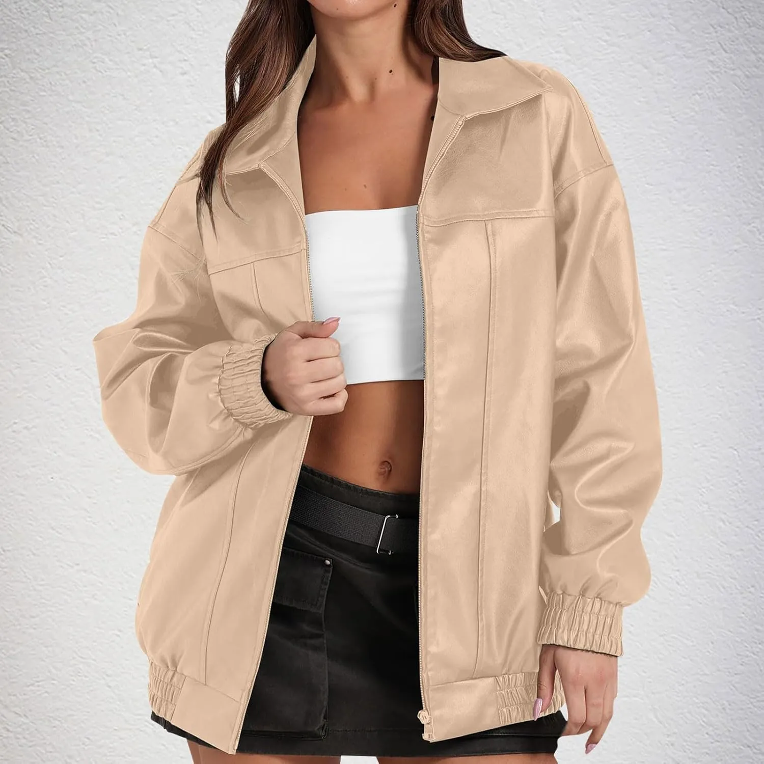 Faux Leather Jacket for Women Lapel Oversized Motorcycle Jacket Zip Up Bomber Coats Winter Fashion 2025 Fall Outfits
