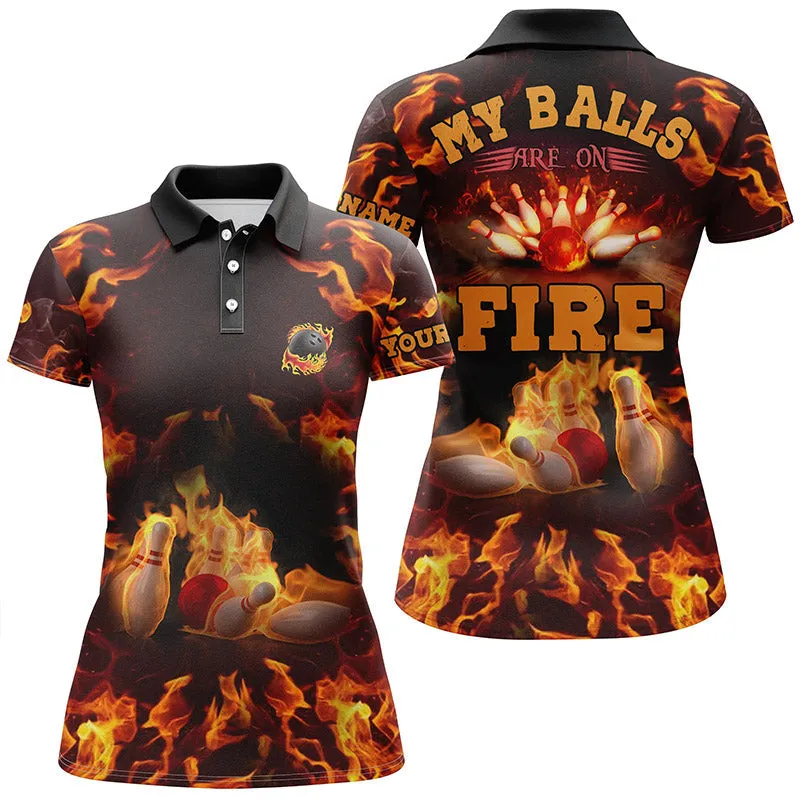 Flame Bowling Custom My Balls Are On Fire Bowling Sleeveless Polo Shirts For Women, Bowling Polo Shirt