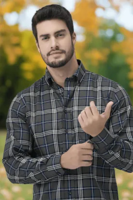 Grey Check Men's Long Sleeve Casual Button Down Regular Fit Shirt