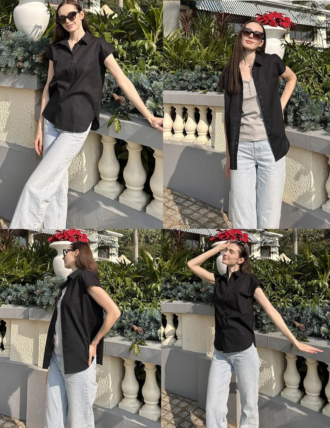 HOTOUCH Womens Linen Button Down Shirt Casual V Neck Cap Sleeve Blouses Summer Cotton Collared Tops S-3XL