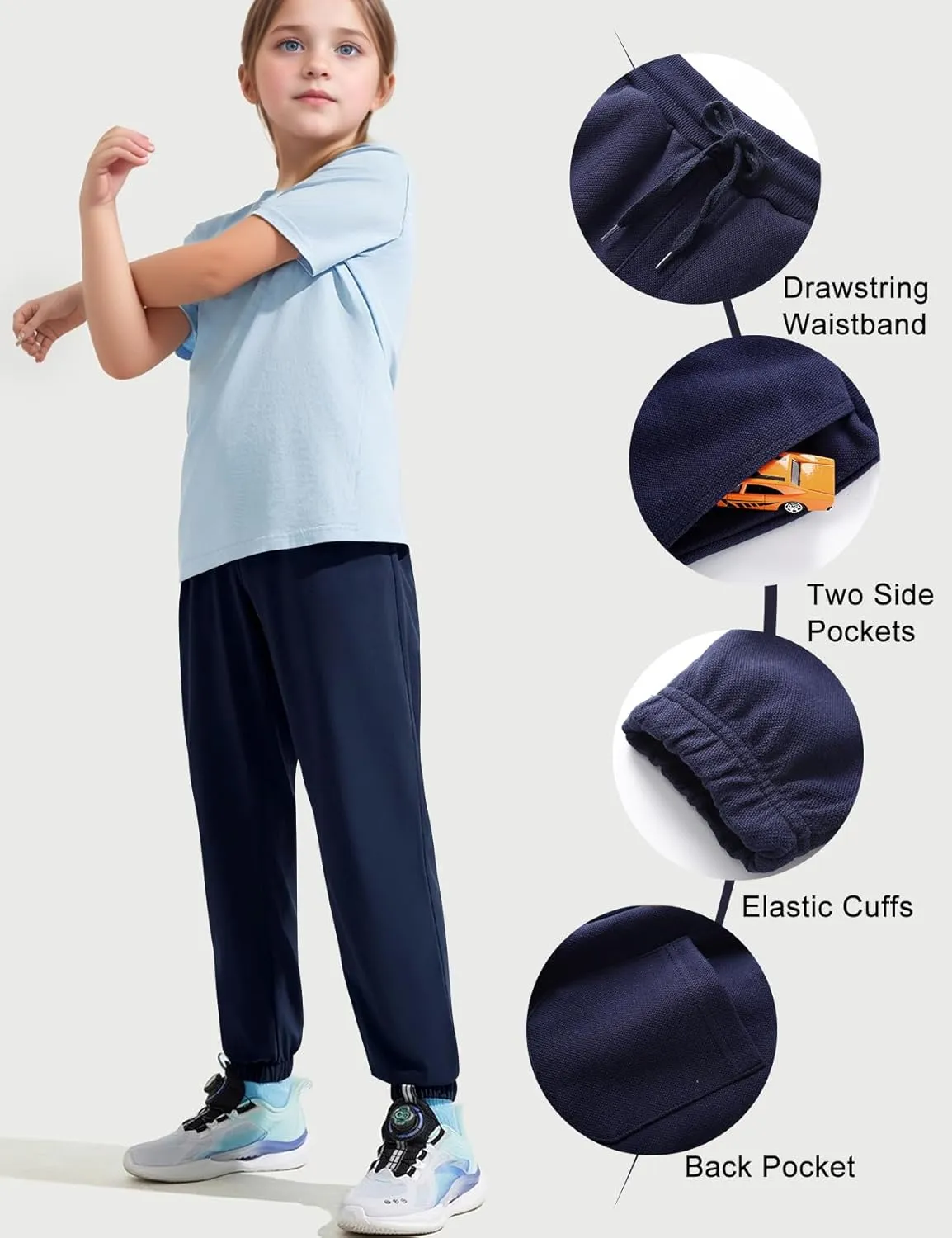 Kissonic 3 Pack Boys Girls Sweatpants Active Joggers Kids Elastic Waist Athletic Jogger Pants with Pockets Drawstring