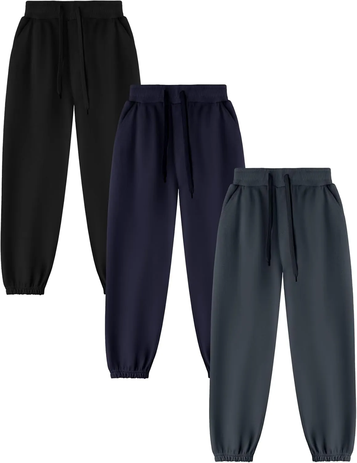 Kissonic 3 Pack Boys Girls Sweatpants Active Joggers Kids Elastic Waist Athletic Jogger Pants with Pockets Drawstring