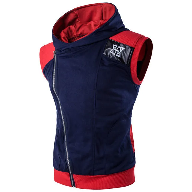 Oblique Zipper Sleeveless Hooded Workout Vest