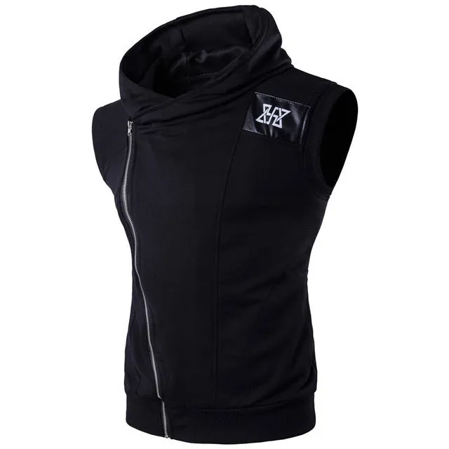 Oblique Zipper Sleeveless Hooded Workout Vest