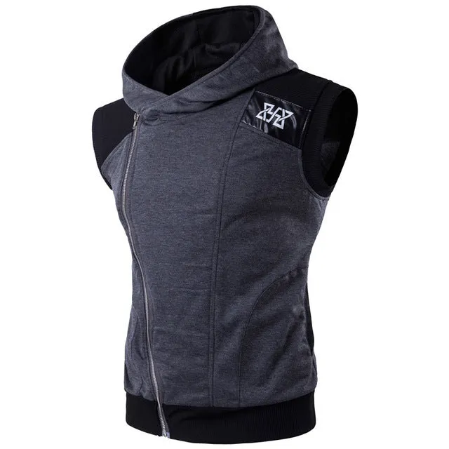 Oblique Zipper Sleeveless Hooded Workout Vest