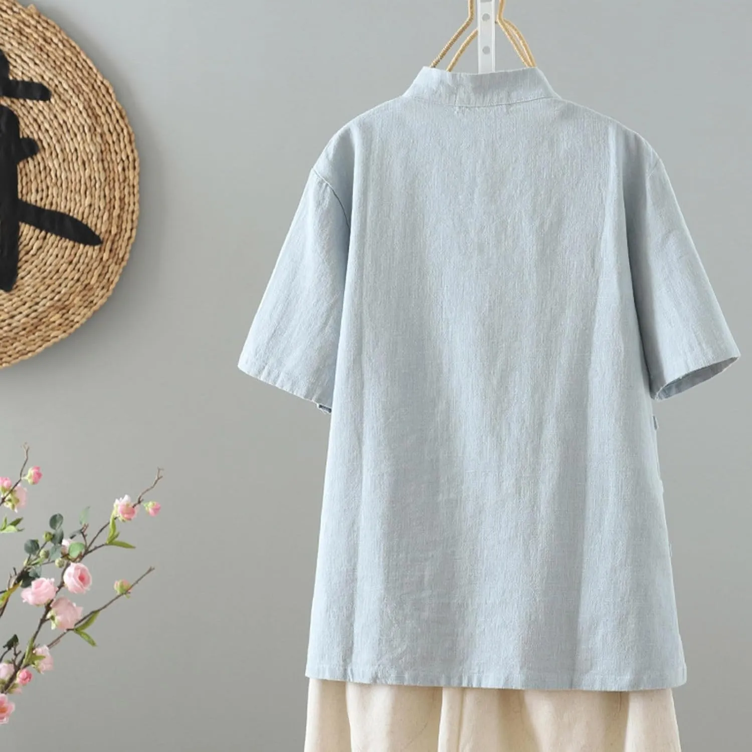 Oplxuo Womens Cotton Linen Tunic Tops Retro Chinese Frog Button Mandarin Collar Shirts Summer Causal Short Sleeve Blouses