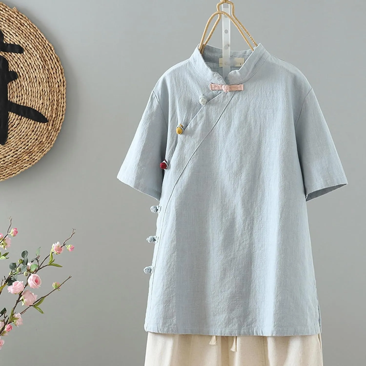 Oplxuo Womens Cotton Linen Tunic Tops Retro Chinese Frog Button Mandarin Collar Shirts Summer Causal Short Sleeve Blouses