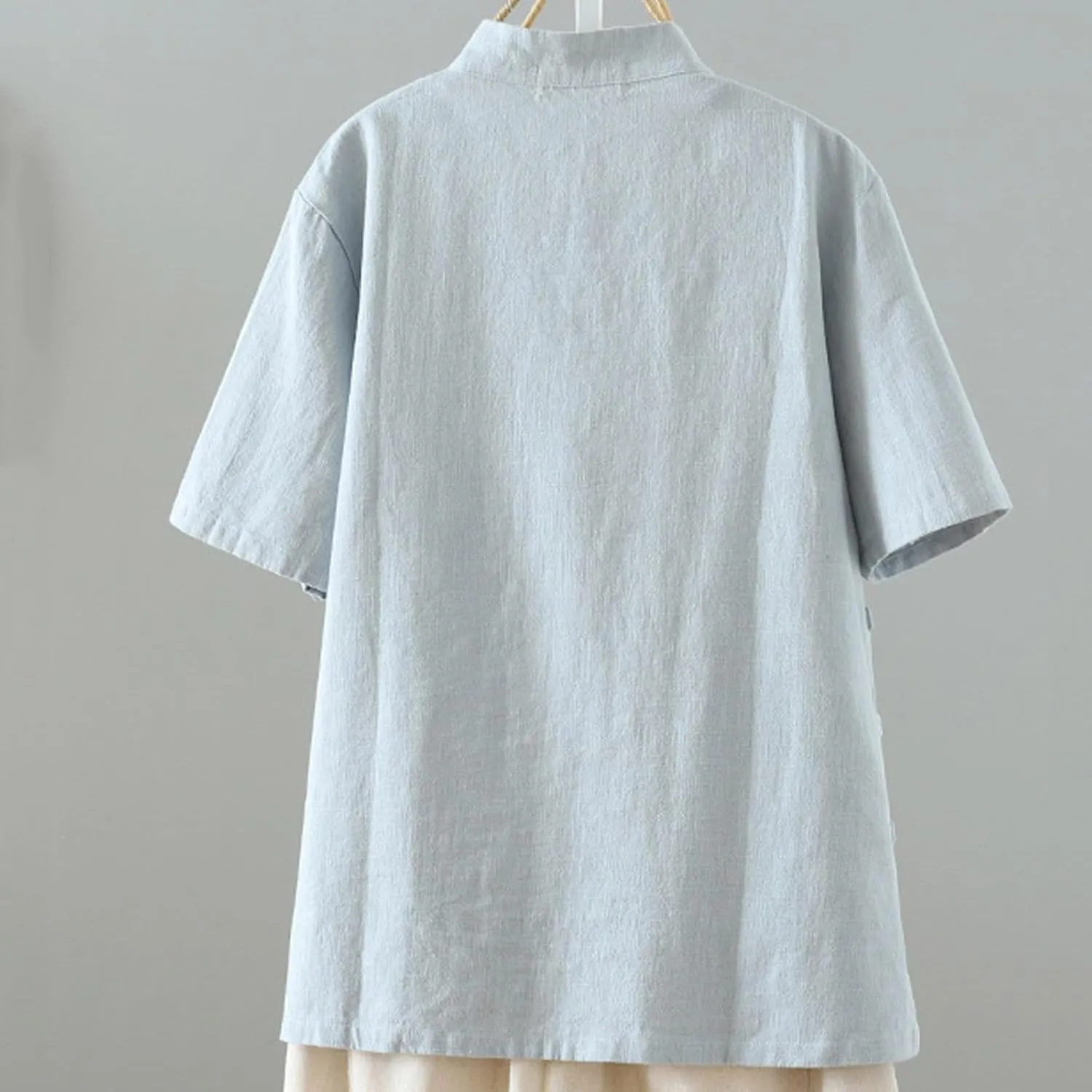 Oplxuo Womens Cotton Linen Tunic Tops Retro Chinese Frog Button Mandarin Collar Shirts Summer Causal Short Sleeve Blouses