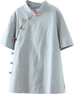 Oplxuo Womens Cotton Linen Tunic Tops Retro Chinese Frog Button Mandarin Collar Shirts Summer Causal Short Sleeve Blouses