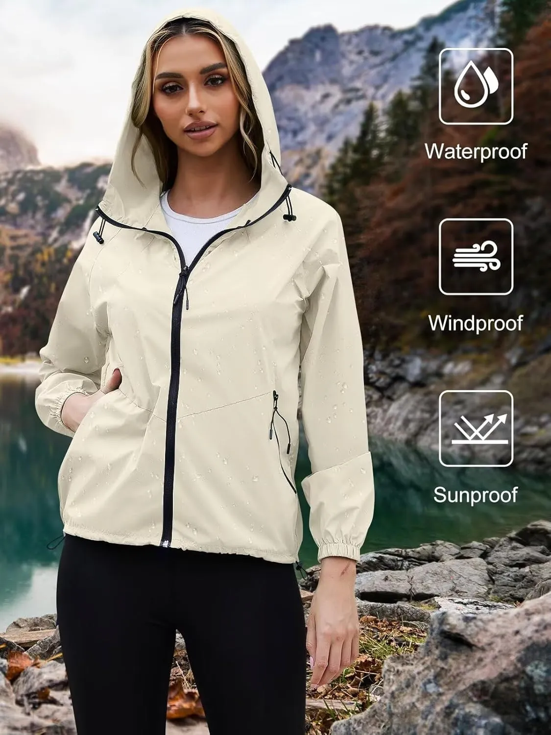 PITINAN Rain Jacket Women Waterproof Lightweight Rain Jacket With Hood Packable Raincoat with Pockets S-XXL