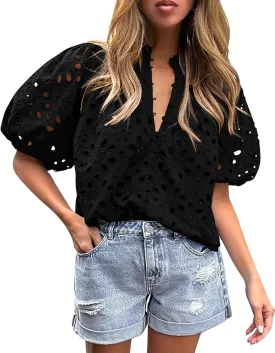 PRETTYGARDEN Women's Summer Short Sleeve Tops 2025 Dressy Casual Buttons V Neck Hollow Out Lace Embroidered Blouses Shirts