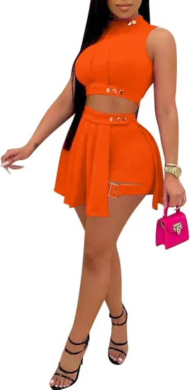 Remxi Women 2 Piece Outfits Jumpsuits Summer Sexy Sleeveless Crop Top Pleated Mini Skirt Biker Shorts Set Sweatsuit