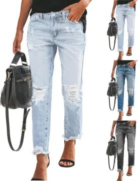 Ripped Straight Leg Jeans for Women Mid Rise Ladies Relaxed Fit Distressed Jeans Ankle Pants with Pocketgs