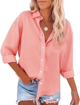 siliteelon Womens Button Down Shirts Cotton Dress Shirts Long Sleeve Blouses V Neck Solid Casual Tunics Tops with Pockets - Peach L
