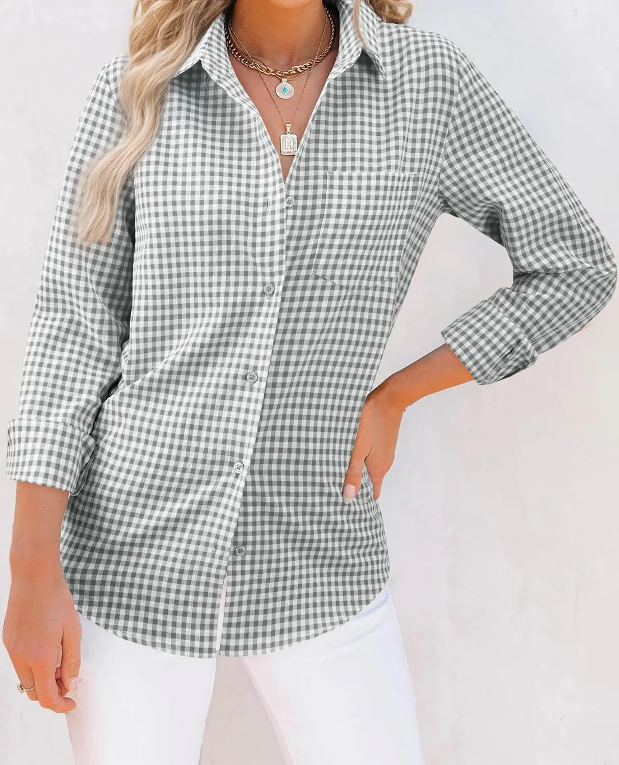 siliteelon Womens Plaid Shirts Long Sleeve Button Down Dress Shirts Lightweight Casual Work Office Collared Blouse Top