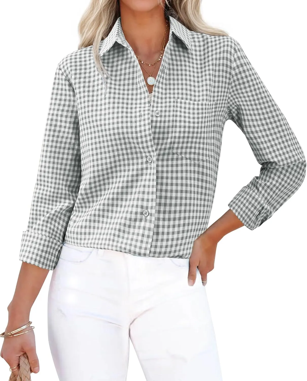 siliteelon Womens Plaid Shirts Long Sleeve Button Down Dress Shirts Lightweight Casual Work Office Collared Blouse Top