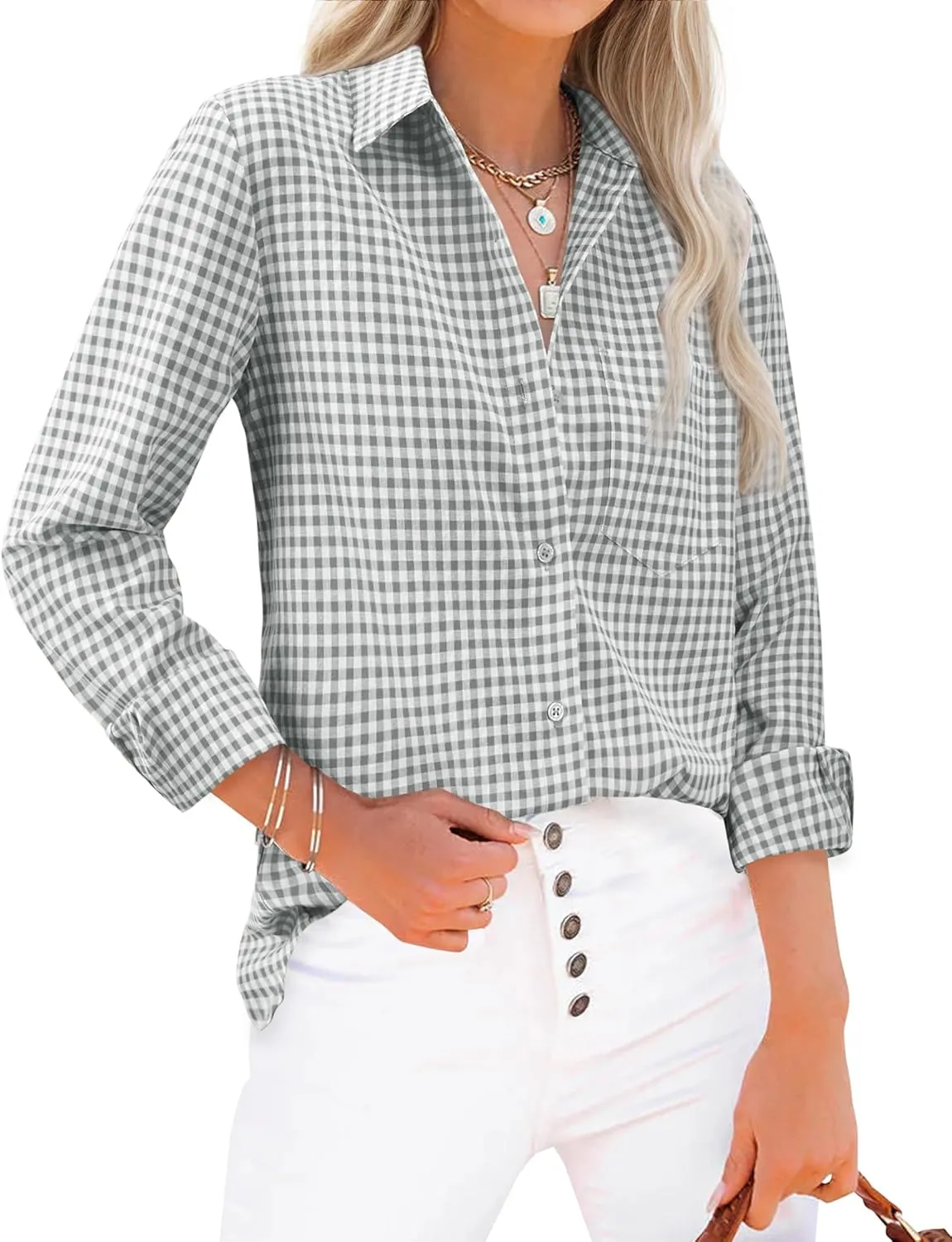 siliteelon Womens Plaid Shirts Long Sleeve Button Down Dress Shirts Lightweight Casual Work Office Collared Blouse Top