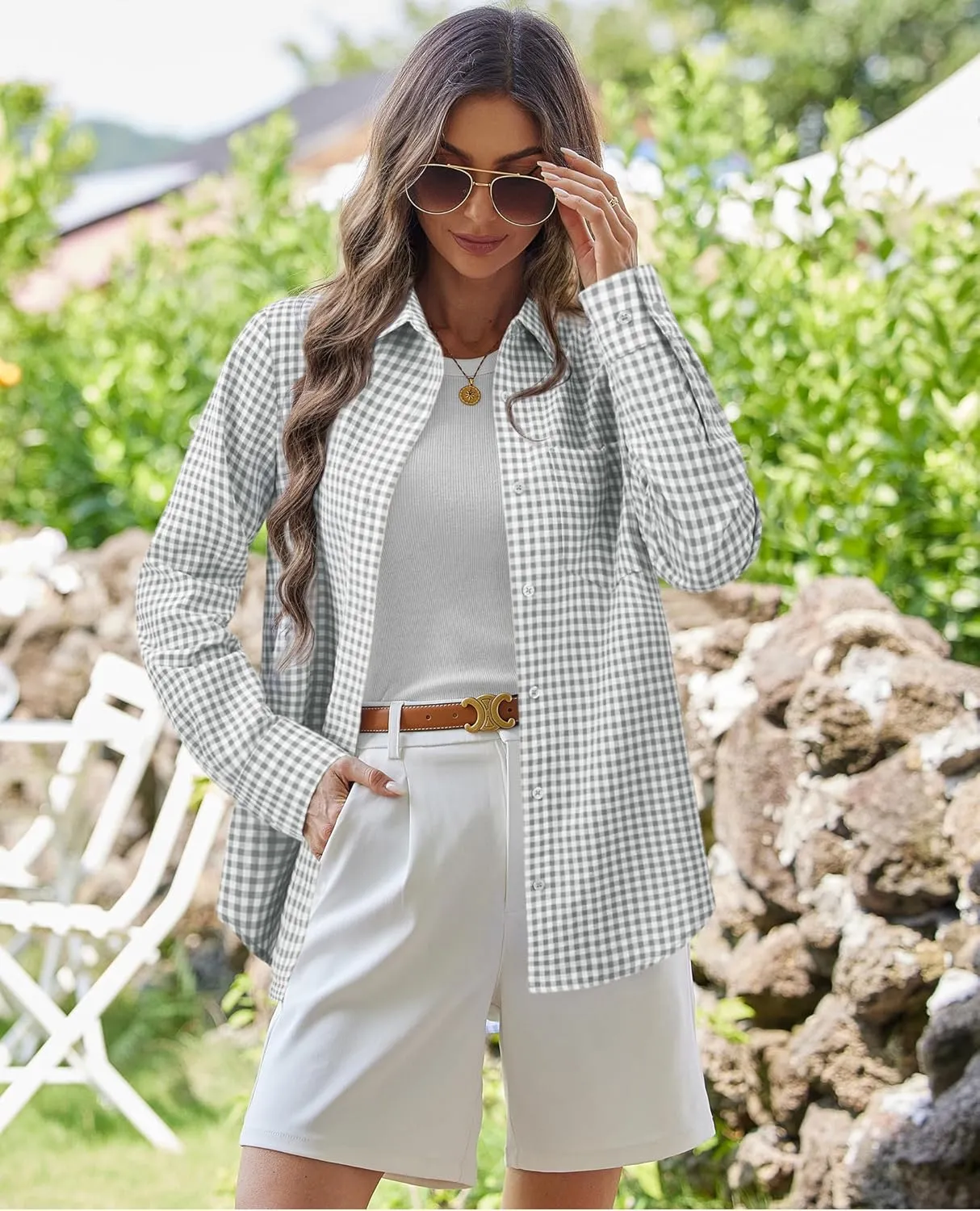 siliteelon Womens Plaid Shirts Long Sleeve Button Down Dress Shirts Lightweight Casual Work Office Collared Blouse Top