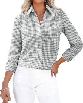 siliteelon Womens Plaid Shirts Long Sleeve Button Down Dress Shirts Lightweight Casual Work Office Collared Blouse Top