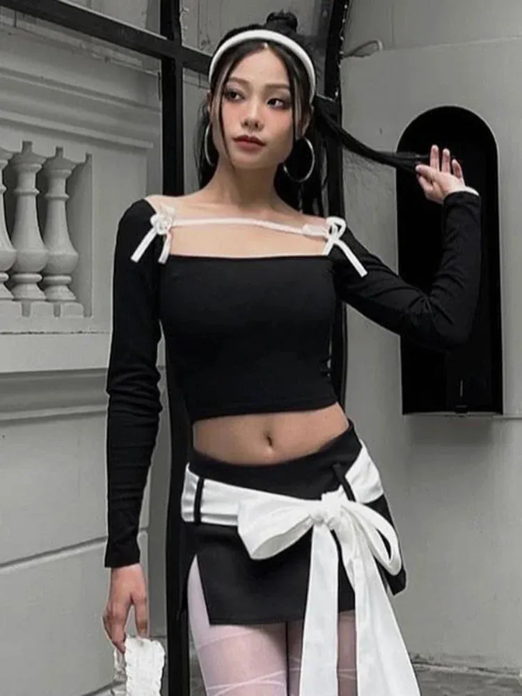 Slim Black Femme Street Casual Crop Backless Long Sleeve Bandage Bodycon Bow Splice Top