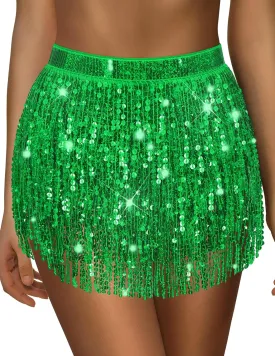 Sparkly Sequin Skirt for Women - Glitter & Fringe, Tassel Rave & Belly Dance Wrap Skirt