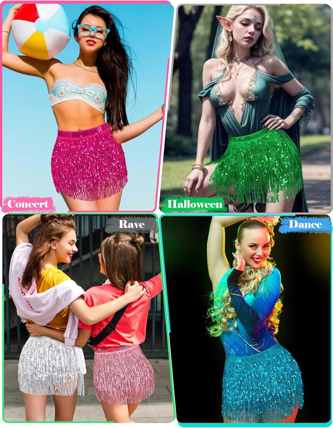 Sparkly Sequin Skirt for Women - Glitter & Fringe, Tassel Rave & Belly Dance Wrap Skirt