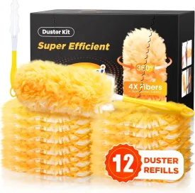 Super Efficient Duster Refills for Swiffer Duster, Duster Kit with 12 Ct Duster Refills & 1 Handle, Multisurface 360 Dusters with 4X Microfibers, Unscented Disposable Dusters for Cleaning