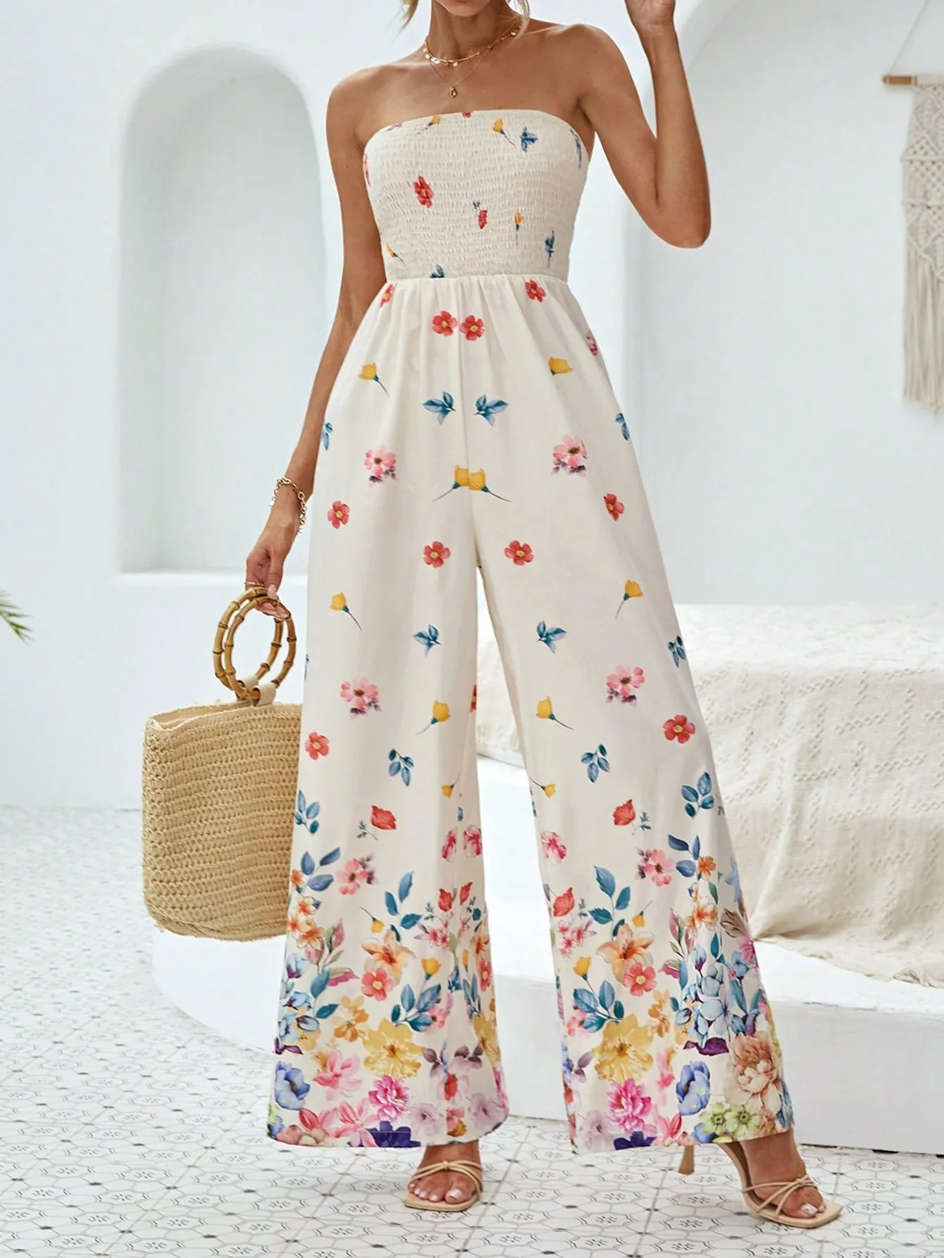VCAY Floral Print Tube Wide Leg Jumpsuit