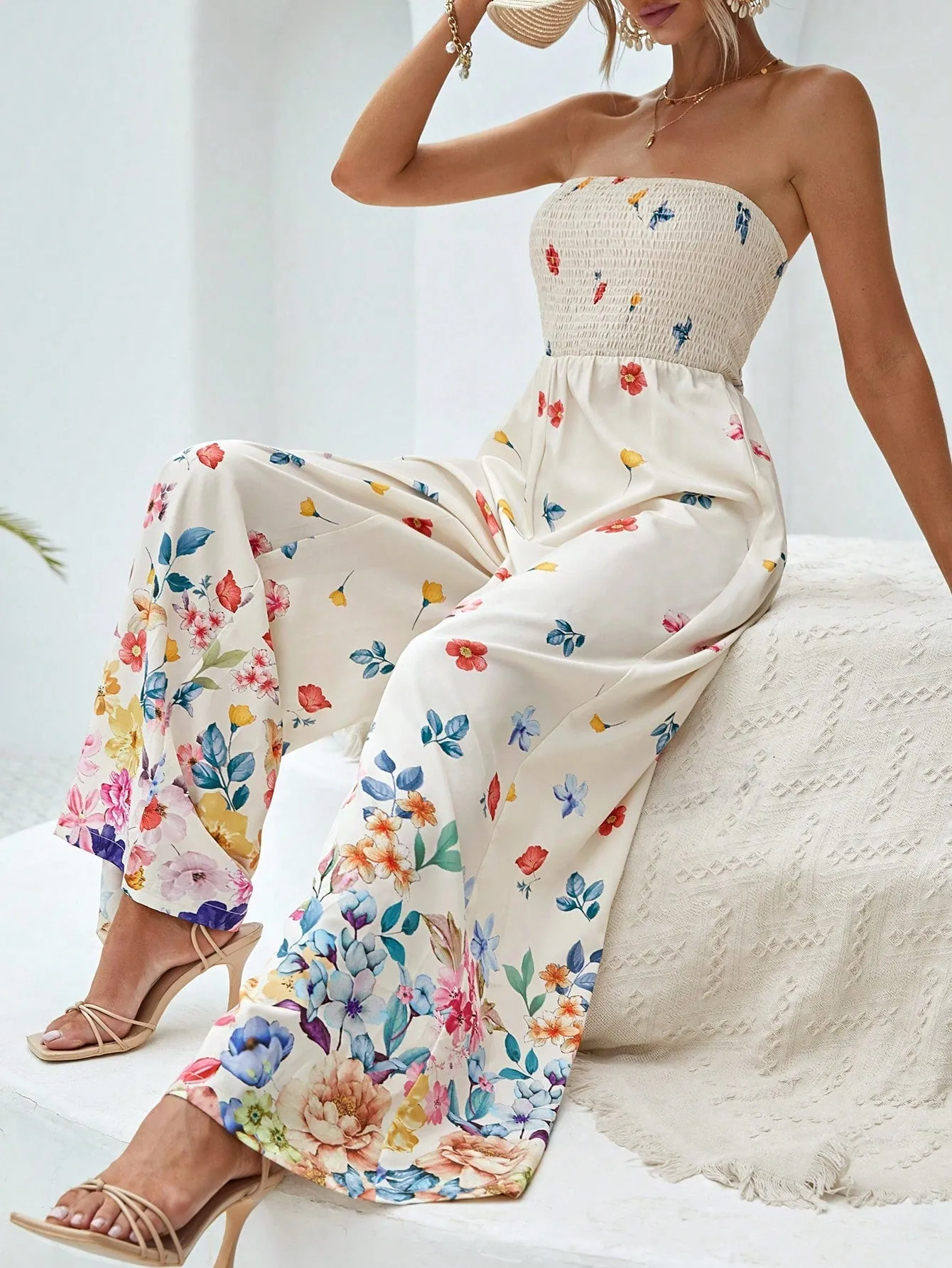 VCAY Floral Print Tube Wide Leg Jumpsuit