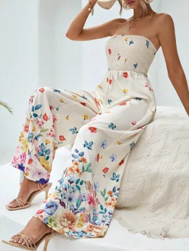 VCAY Floral Print Tube Wide Leg Jumpsuit