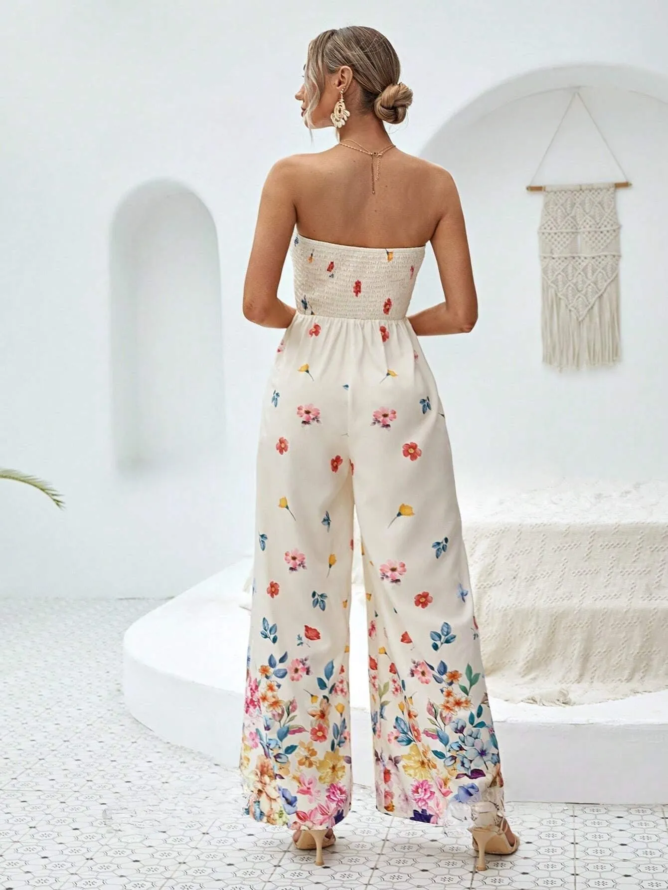 VCAY Floral Print Tube Wide Leg Jumpsuit