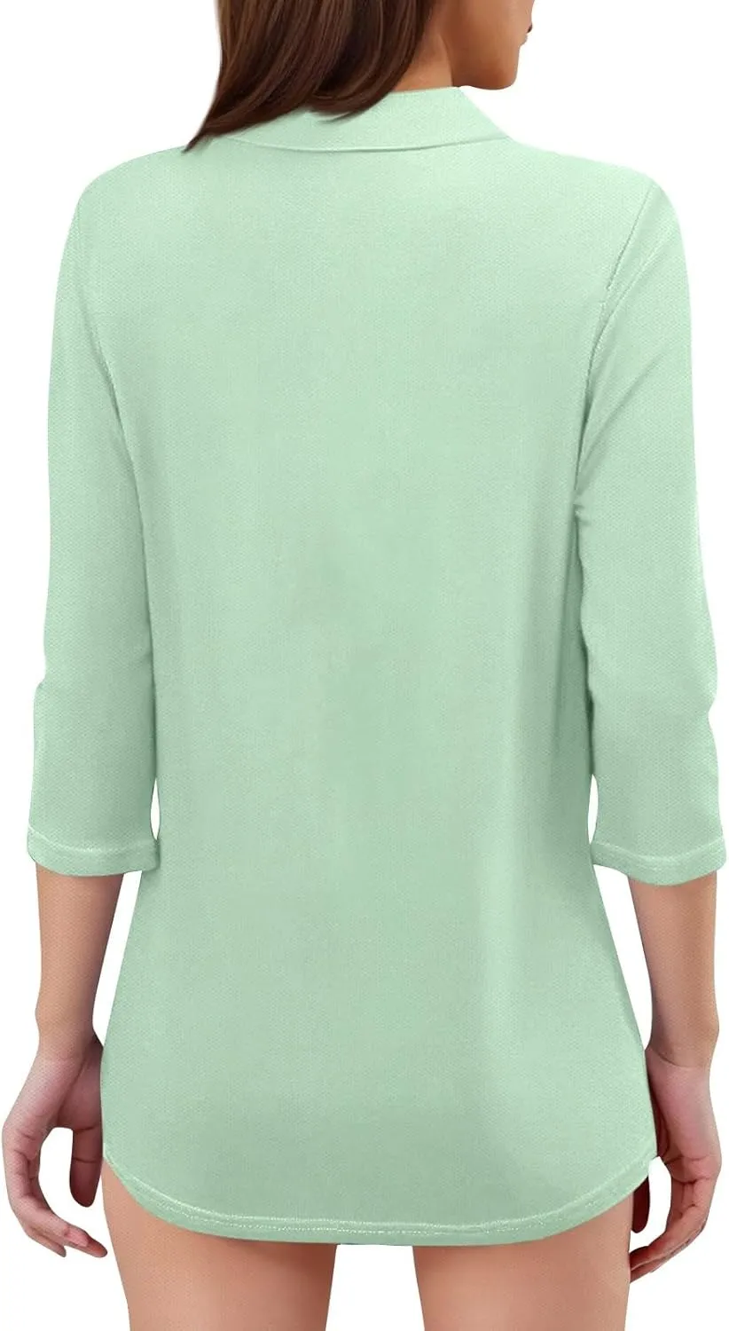 Women's 2025 3/4 Length Sleeve V-Neck Collared Tops Summer Business Casual Work Polo Shirts Loose Fitted Tees