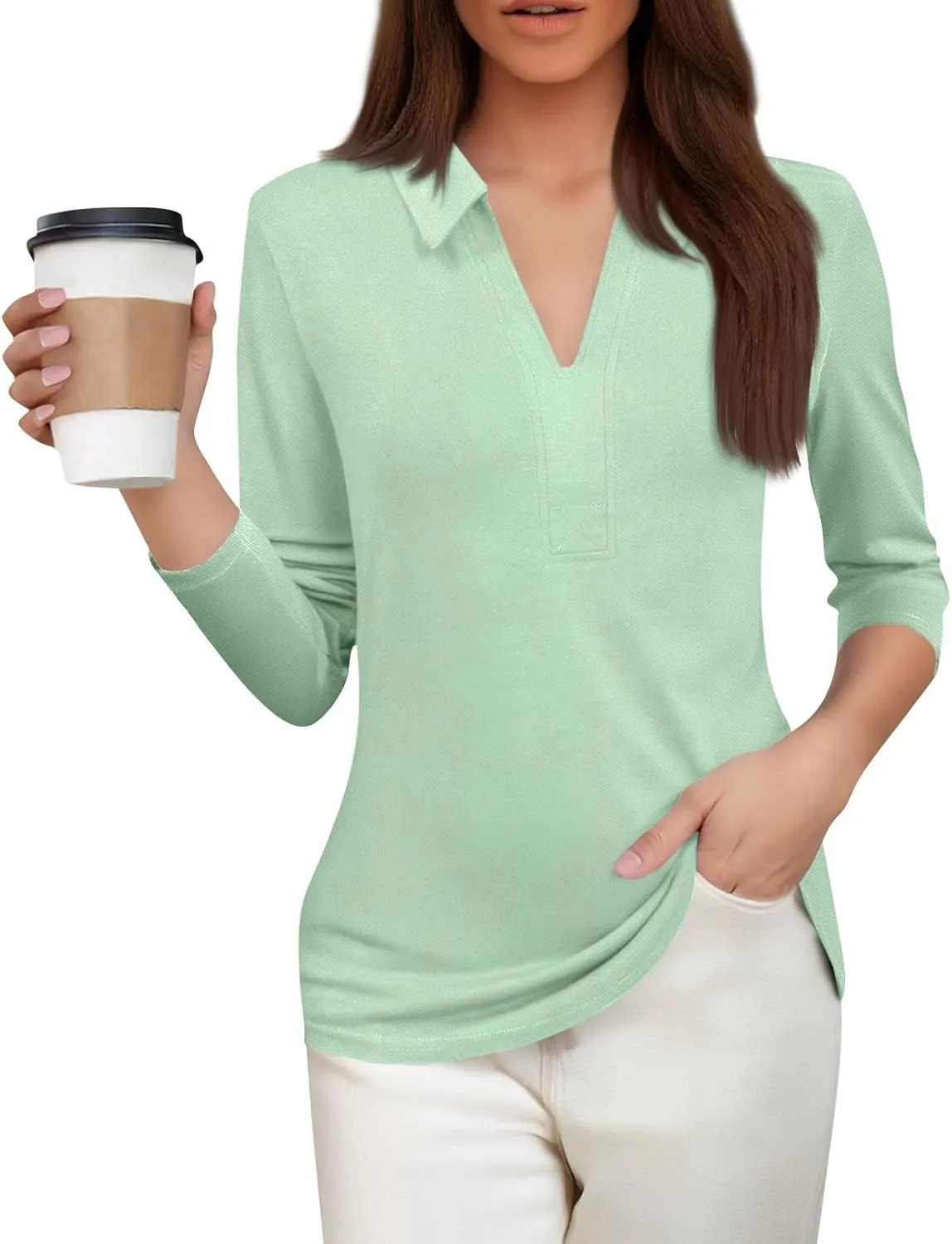 Women's 2025 3/4 Length Sleeve V-Neck Collared Tops Summer Business Casual Work Polo Shirts Loose Fitted Tees