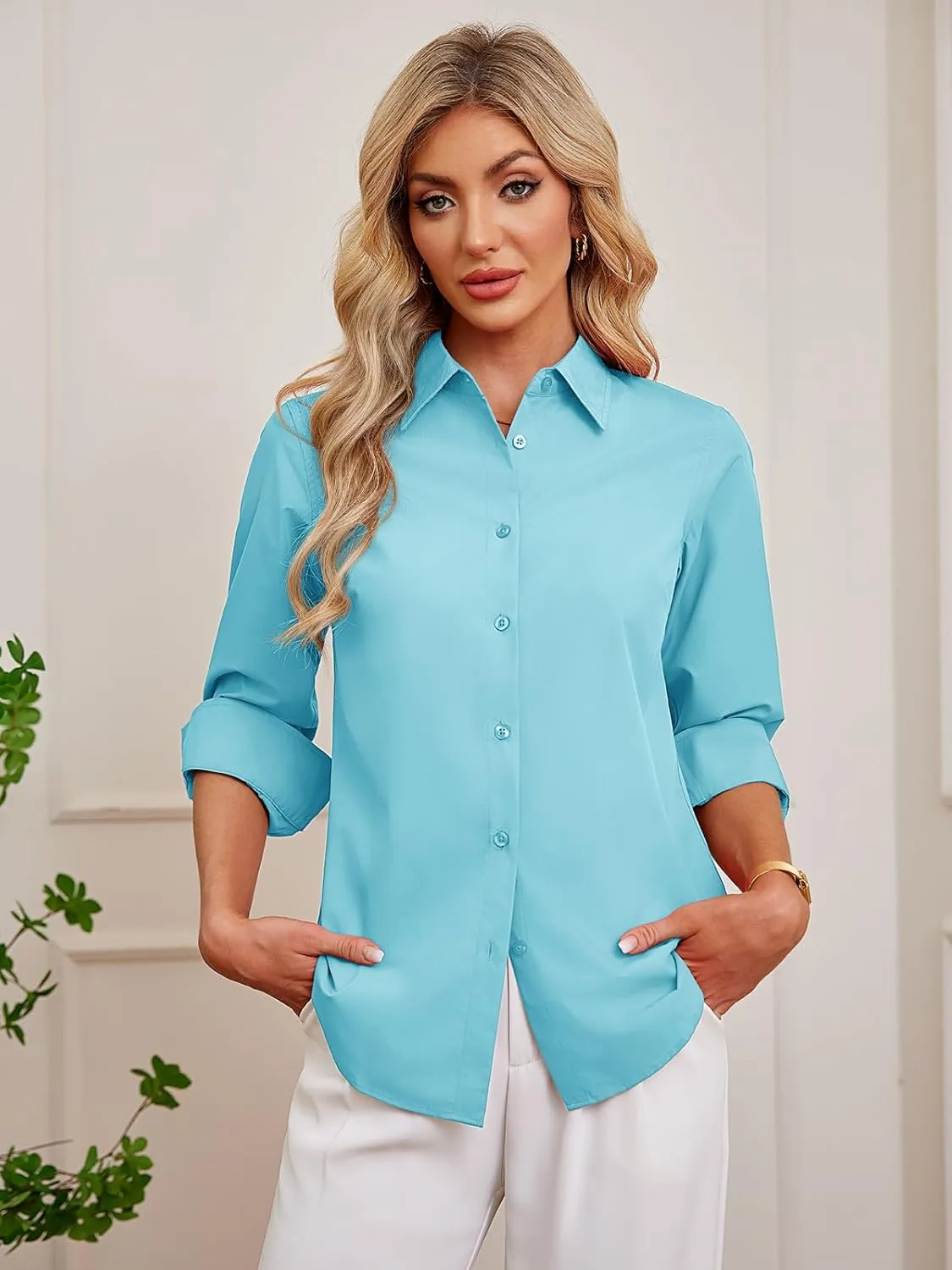 Women's Button Down Shirts Fitted Dress Shirts Collared Long Sleeve Wrinkle Free Blouse Formal Office Work Tunic Tops
