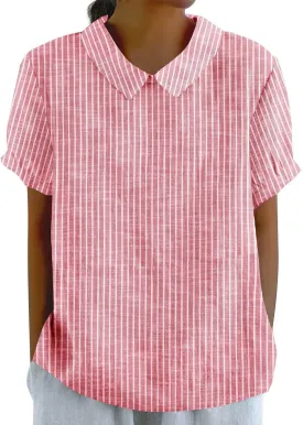 Womens Cotton Linen Tops Fashion Striped Printed Lightweight Loose T-Shirts Short Sleeves Turndown Collar Tee Shirts
