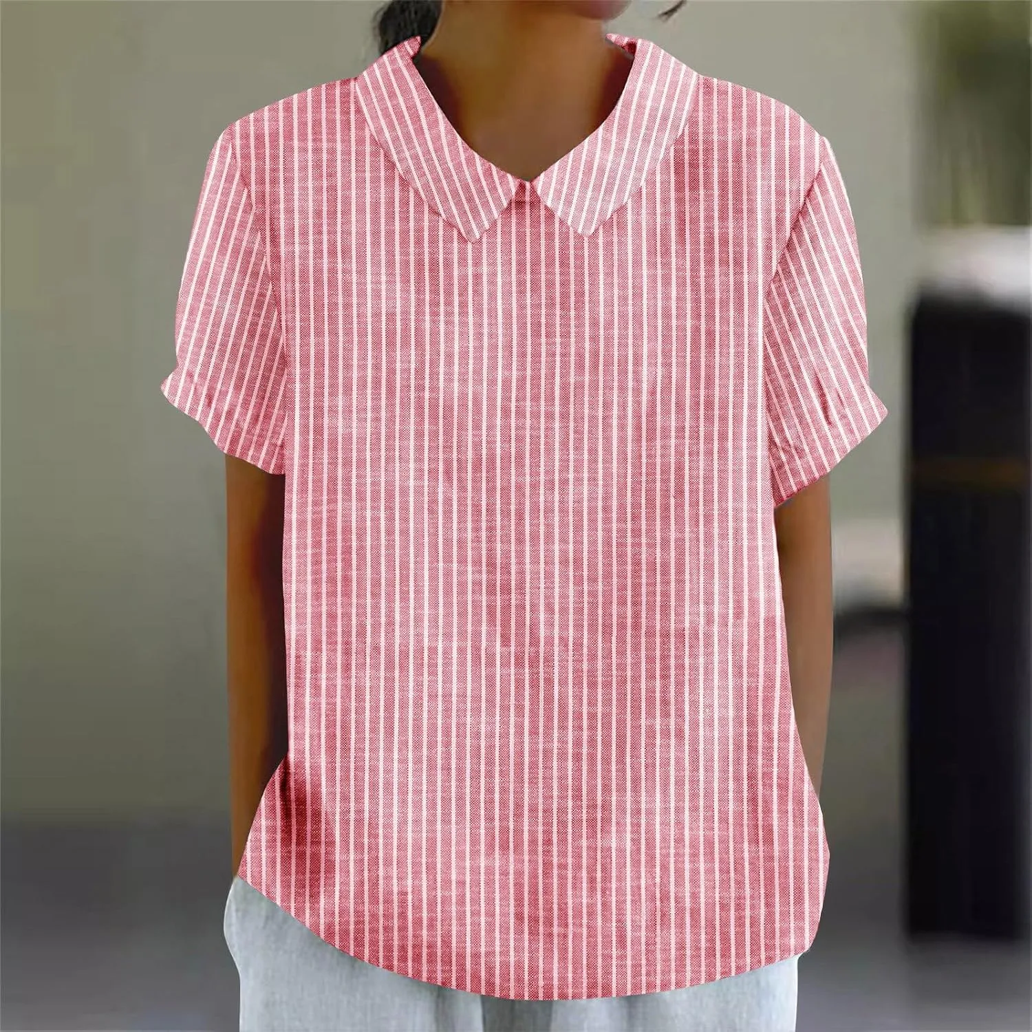 Womens Cotton Linen Tops Fashion Striped Printed Lightweight Loose T-Shirts Short Sleeves Turndown Collar Tee Shirts