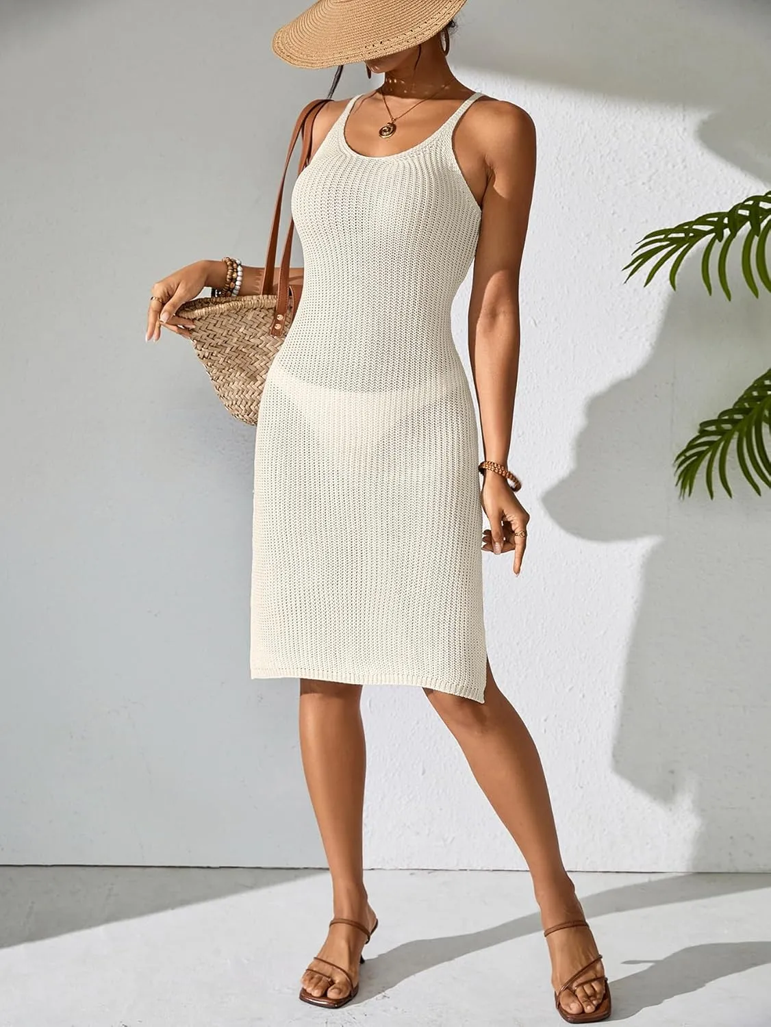 Womens Crochet Slim Fit Beach Dresses Summer 2025 Backless Scoop Neck Side Slit Bathing Suit Cover Up Midi Dress