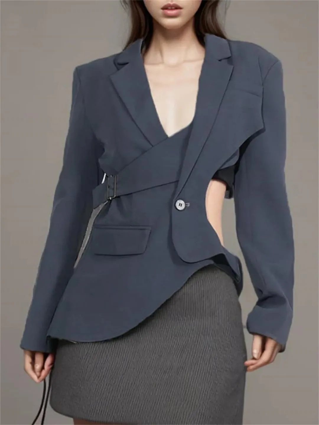 Women's Hollow Blazer Irregular Loose Strap Gathered Waist Jacket
