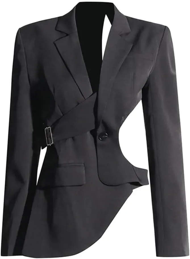 Women's Hollow Blazer Irregular Loose Strap Gathered Waist Jacket