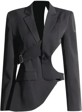 Women's Hollow Blazer Irregular Loose Strap Gathered Waist Jacket